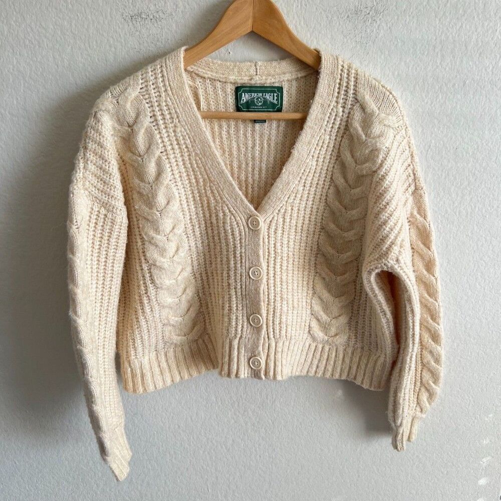 AMERICAN EAGLE Vtg Y2K Beige Chunky Wool Blend Oversized Crop Sweater Womens XXS